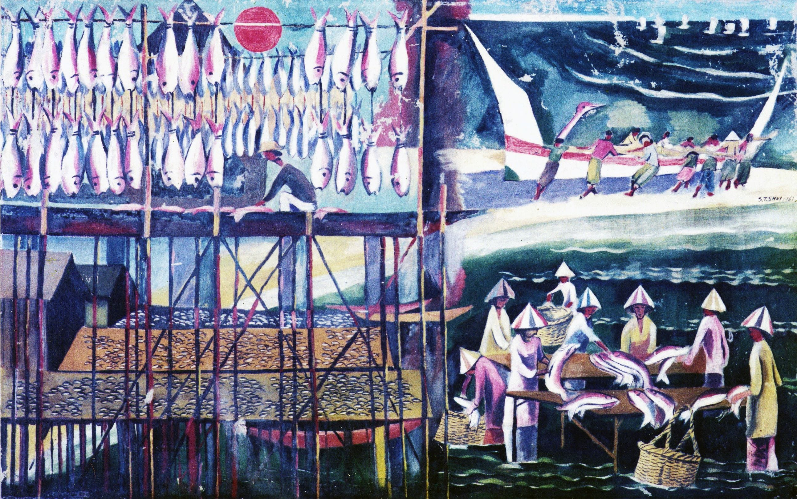 Shui Tit Sing, Fish Drying. 1961. Oil on canvas. 60 x 96 cm. Private Collection.